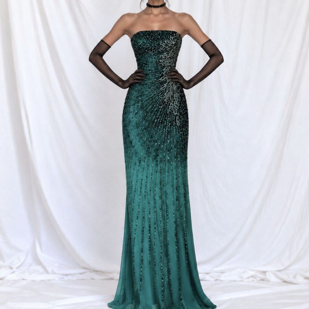 Vintage Y2K Blue Teal Strapless Silk Floral Beaded Maxi Formal Prom Dress Size S
